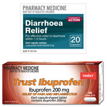 Load image into Gallery viewer, 20x Diarrhoea Relief + 48x Ibuprofen 200mg Travellers Combo