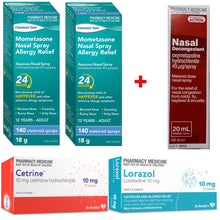 Load image into Gallery viewer, 2x Mometasone (140 Dose) + Decongestant Nasal Spray + 70x Cetirizine 10mg + 10x Loratadine 10mg