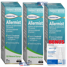 Load image into Gallery viewer, 3x Allermist 17ml Azelastine 125 ug/spray + Fluticasone propionate 50 ug/spray + BONUS Nasal Decongestant