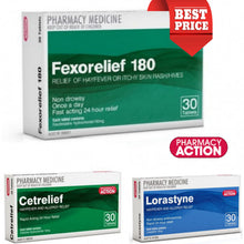 Load image into Gallery viewer, 30x Fexorelief 180mg + 30x Cetrelief 10mg + 30x Lorastyne 10mg