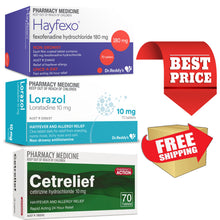 Load image into Gallery viewer, 70x Hayfexo 180mg + 70x Lorazol 10mg + 70x Cetrelief 10mg Hayfever Combo