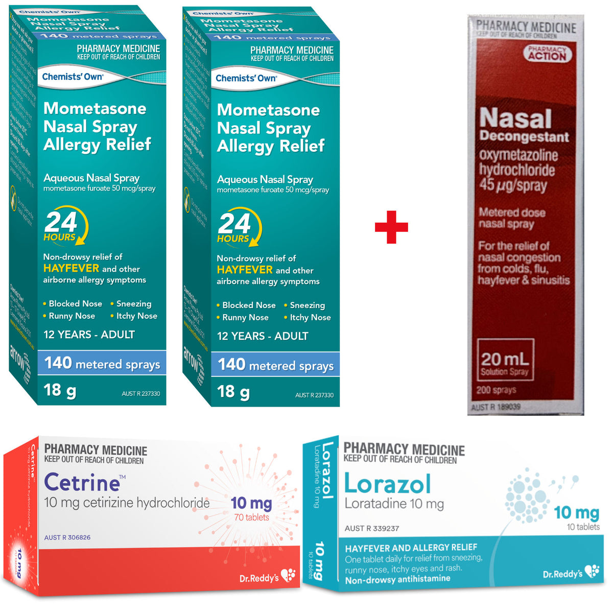 2x Mometasone (140 Dose) + Decongestant Nasal Spray + 70x Cetirizine 1