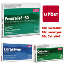 Load image into Gallery viewer, 10x Fexorelief 180mg + 10x Cetrelief 10mg + 10x Lorastyne 10mg