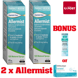2x Allermist 17ml Azelastine 125 ug/spray + Fluticasone propionate 50 ...