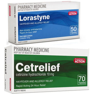 70x CETRELIEF 10mg Cetirizine + 50x LORASTYNE 10mg Loratodine tablets - Hayfever & allergy relief