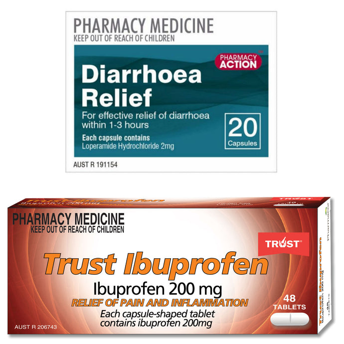 20x Diarrhoea Relief + 48x Ibuprofen 200mg Travellers Combo