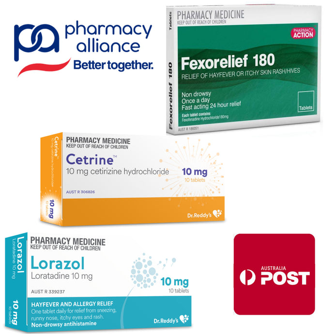 Hayfever Relief Trio Sampler; Fexofenadine 180mg, Cetirizine 10mg, Loratadine 10mg