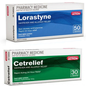 30x Cetrelief (Cetirzine 10mg) + 50x Lorastyne (Loratadine 10mg) - Phamacy Action Clearance