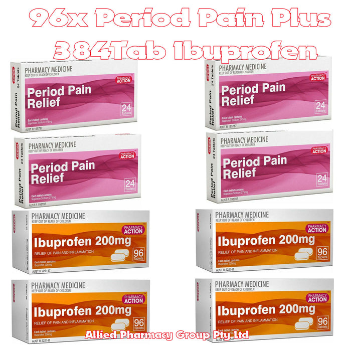 96 x Period Pain Relief, Naproxen 275mg + 284 x Ibuprofen 200mg - Pharmacy Action