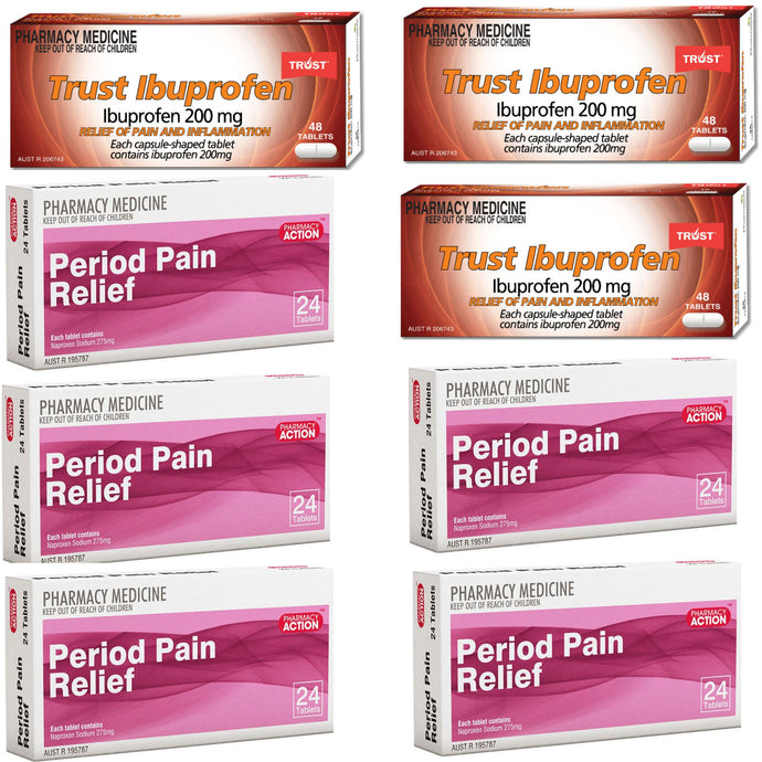 Period Pain Bundle: 5x 24Tab Period Pain Relief (Naproxen 275mg) + 3x 48Tab Ibuprofen 200mg