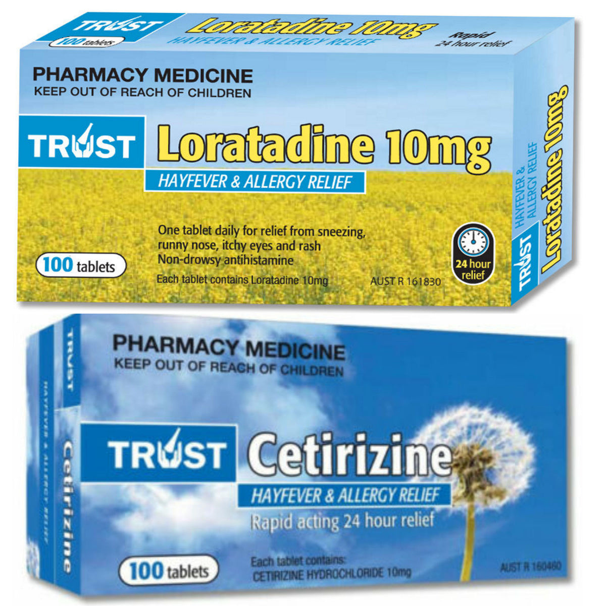 100 x TRUST CETIRIZINE (Cetirizine 10mg) + 100x Trust Loratadine (Lora ...
