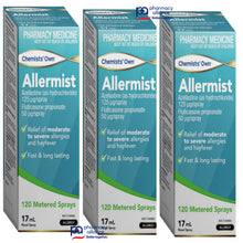 Load image into Gallery viewer, 3x Allermist 17ml Azelastine 125 ug/spray + Fluticasone propionate 50 ug/spray + BONUS Nasal Decongestant
