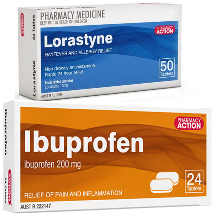 50x LORASTYNE 10mg Loratodine tablets + 24x Ibuprofen 200mg Tablets