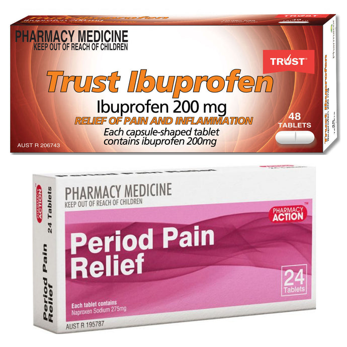 Period Pain Bundle: 1x 24Tab Period Pain Relief (Naproxen 275mg) + 1x 48Tab Ibuprofen 200mg (Copy)