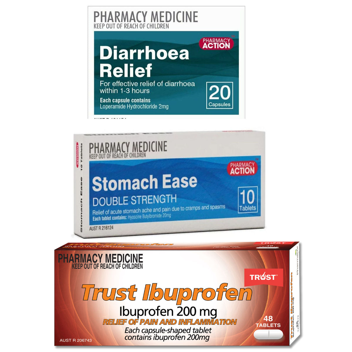 10x Stomach Ease Forte + 20x Diarrhoea Relief + 48x Ibuprofen Tablets ...