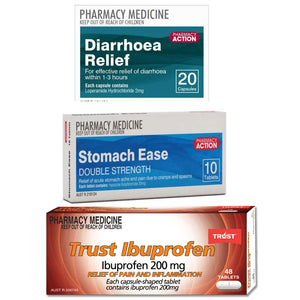 10x Stomach Ease Forte + 20x Diarrhoea Relief + 48x Ibuprofen Tablets - Combo