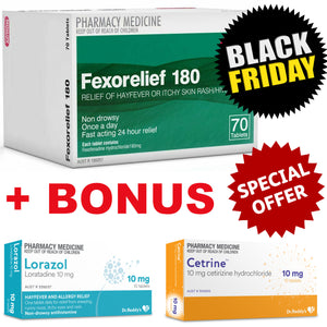70x Pharmacy Action Fexorelief 180mg + Bonus Items