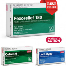 Load image into Gallery viewer, 30x Fexorelief 180mg + 30x Cetrelief 10mg + 30x Lorastyne 10mg
