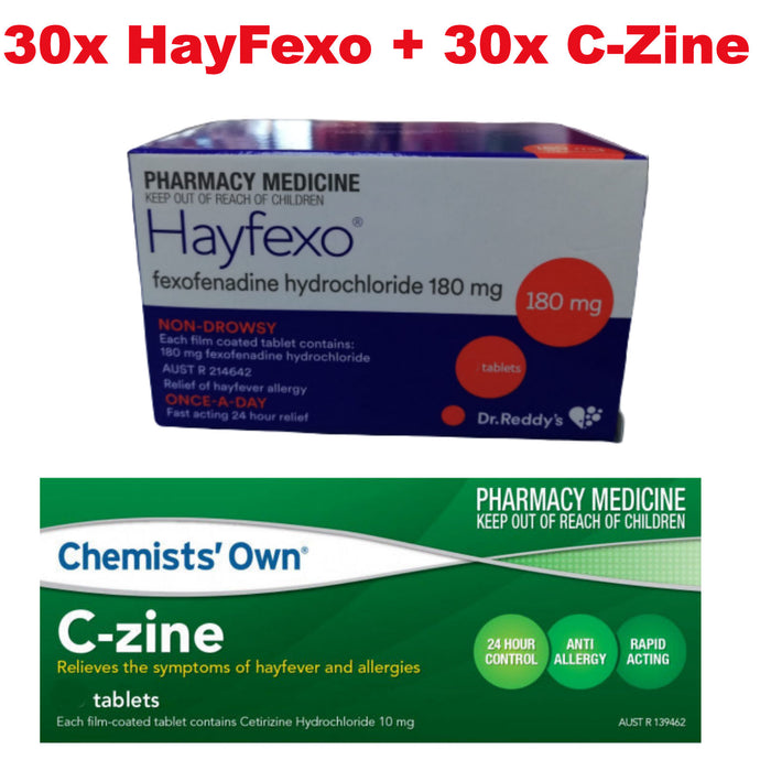 30x HayFexo Fexofenadine Hydrochloride 180mg + 30x Cetirizine 10mg Tablets (Generic Zyrtec Alternate)