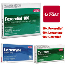 Load image into Gallery viewer, 10x Fexorelief 180mg + 10x Cetrelief 10mg + 10x Lorastyne 10mg
