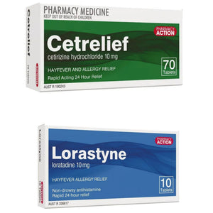 70x CETRELIEF (Cetirizine 10mg) TABLETS + 10 LORASTYNE ( Loratadine 10mg) TABLETS